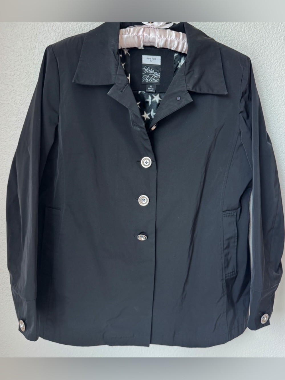 Jane Post for Saks Fifth Avenue Black Raincoat Star Lining Size Medium